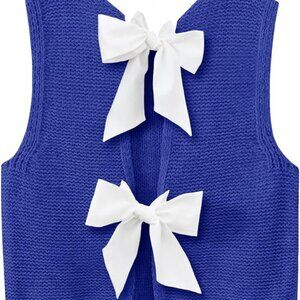 Womens Sweater Vest Top Summer Bow Tie Back Sleeveless Casual Knit Crop Tank Top